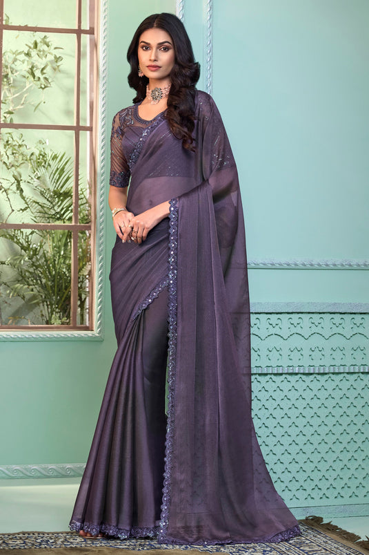 Beguiling Border Work On Grey Color Georgette Fabric Saree