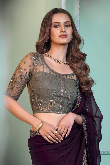 Incredible Border Work On Chiffon Fabric Purple Color Saree