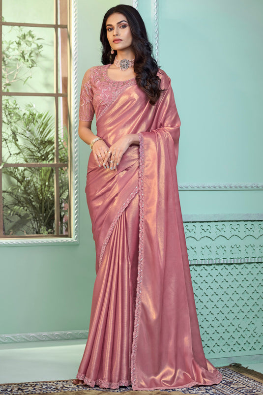 Tempting Georgette Fabric Peach Color Saree With Border Work