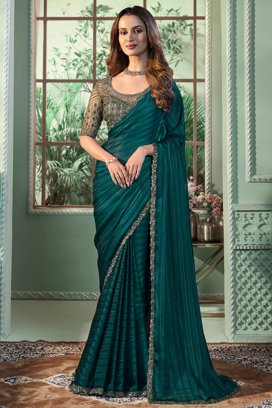 Engaging Dark Green Color Georgette Fabric Saree With Border Work