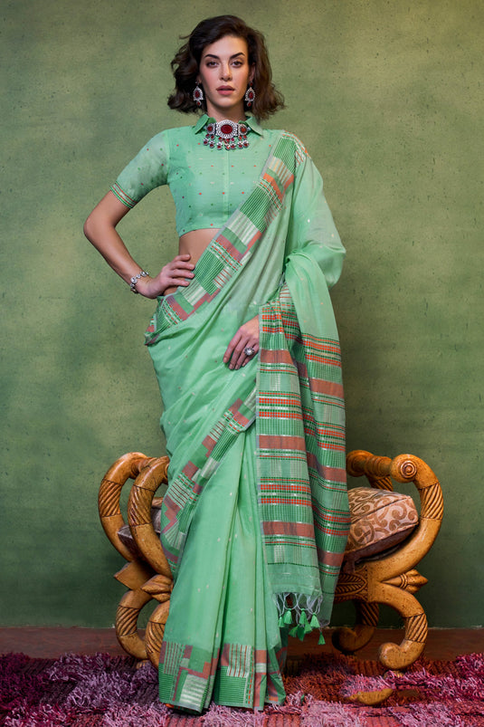 Blazing Sea Green Color Handloom Weaving Fancy Cotton Saree