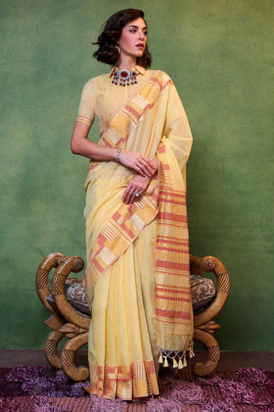 Cream Color Exquisite Handloom Weaving Fancy Cotton Saree