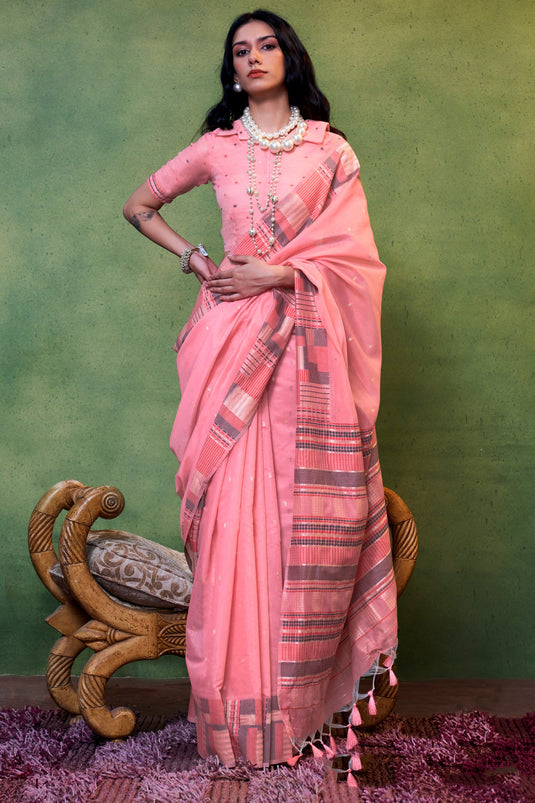 Handloom Weaving Attractive Fancy Cotton Saree In Pink Color