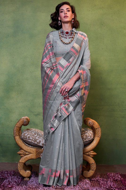 Alluring Grey Color Handloom Weaving Fancy Cotton Saree