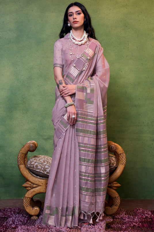 Lavender Color Handloom Weaving Graceful Fancy Cotton Saree