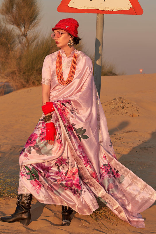 Peach Color Charismatic Floral Printed Art Silk Saree