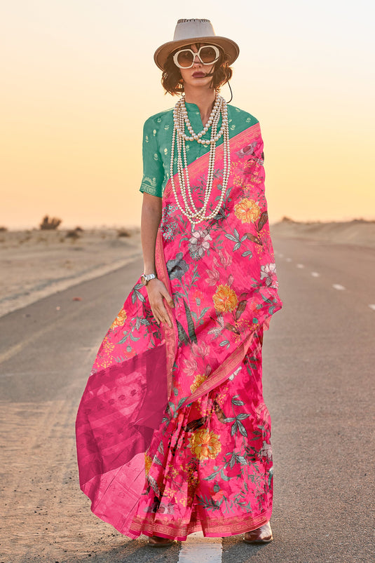 Ingenious Floral Printed Rani Color Art Silk Saree