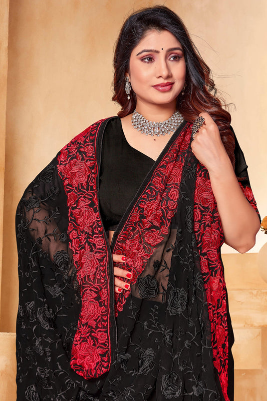 Embroidered Work Black Saree In Georgette Fabric