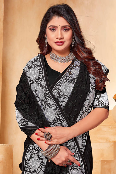 Embroidery Work Black Georgette Festive Wear Saree With Blouse