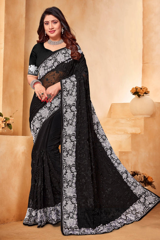 Embroidery Work Black Georgette Festive Wear Saree With Blouse