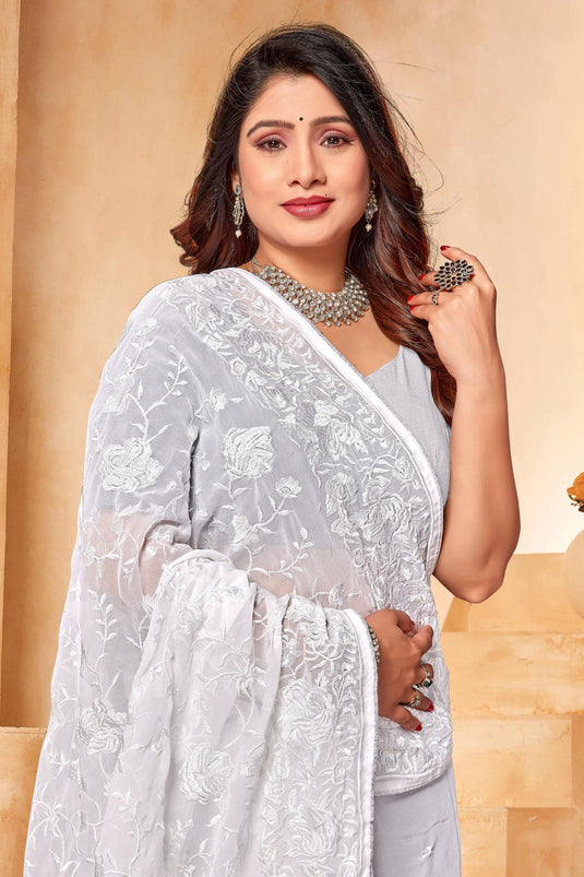 White Georgette Embroidery Work Saree With Blouse