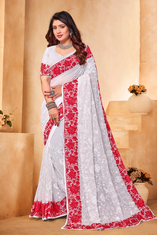 Embroidered Work White Georgette Saree With Pretty Blouse