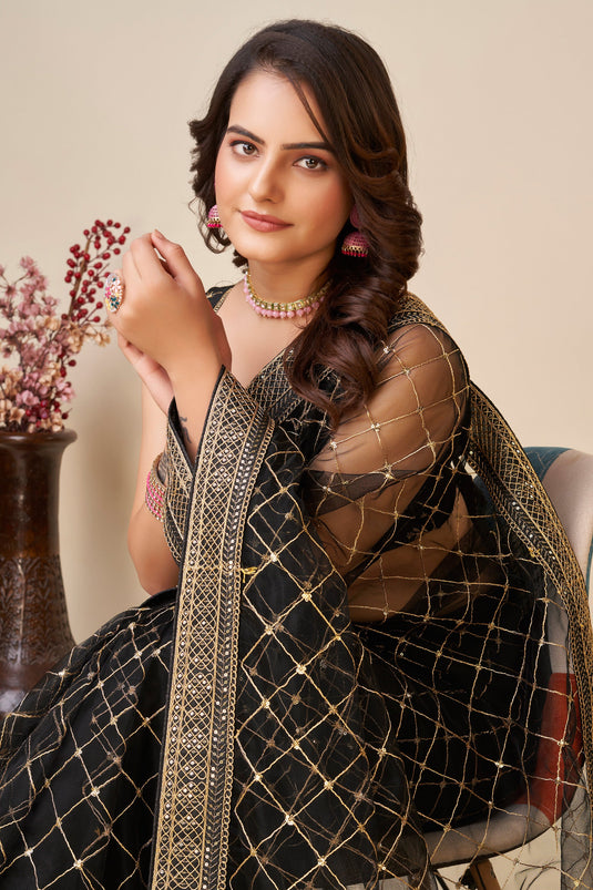 Net Fabric Black Color Pleasance Saree With Sequins Work