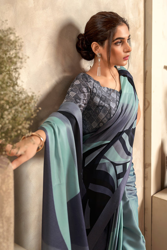 Light Cyan Color Glorious Printed Satin Fabric Saree In Casual Wear