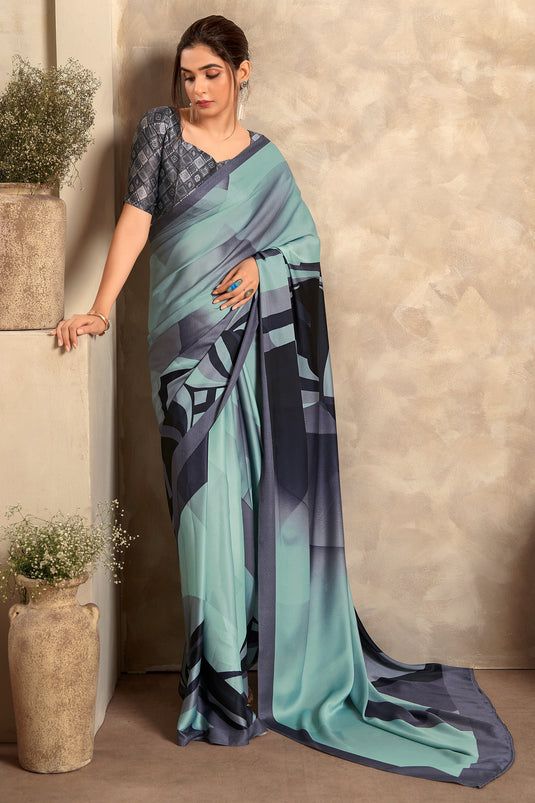 Light Cyan Color Glorious Printed Satin Fabric Saree In Casual Wear