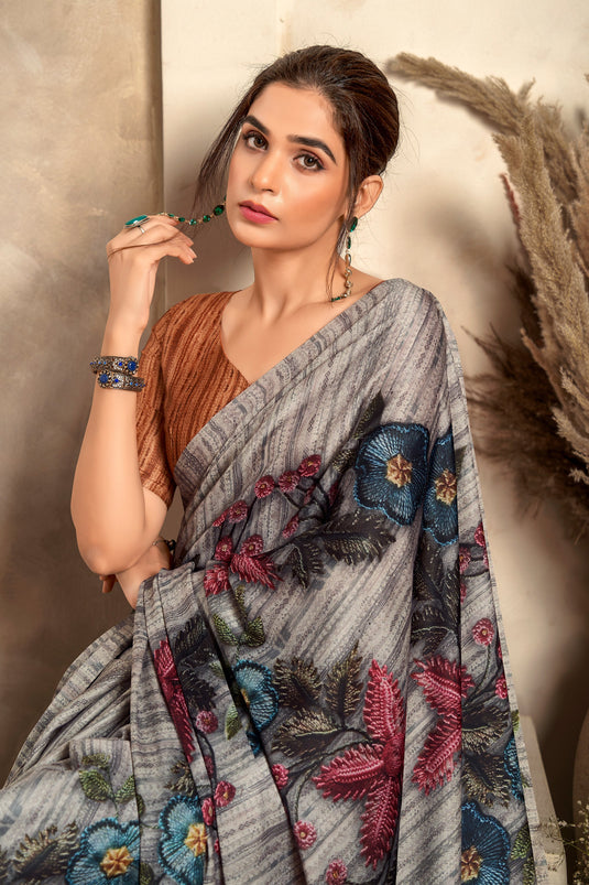 Alluring Multi Color Casual Wear Printed Satin Fabric Saree