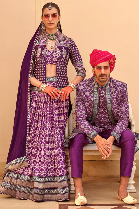 Purple Color Art Silk Fabric Readymade Wedding special Indo Western For Men