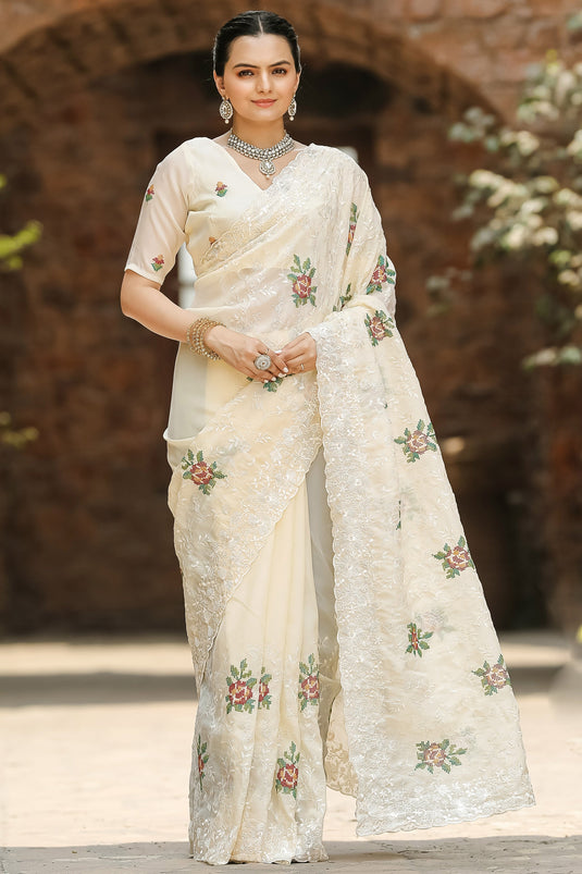 Off White Color Chiffon Fabric Engaging Saree With Embroidered Work