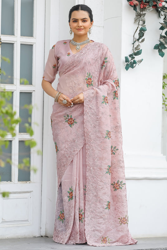 Excellent Chiffon Fabric Peach Color Saree With Embroidered Work