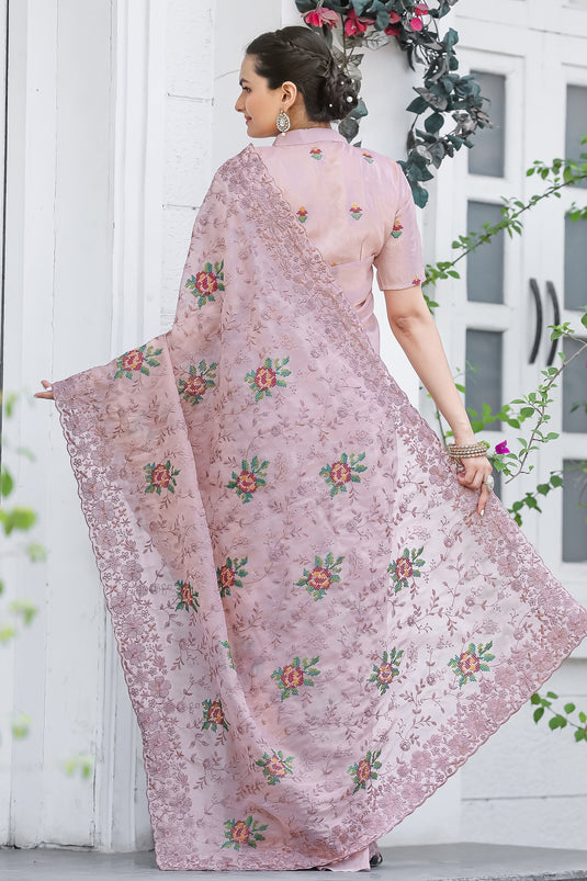 Pink Color Embroidered Work On Chiffon Fabric Stunning Saree