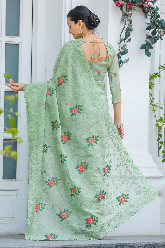 Beguiling Embroidered Work On Sea Green Color Chiffon Fabric Saree