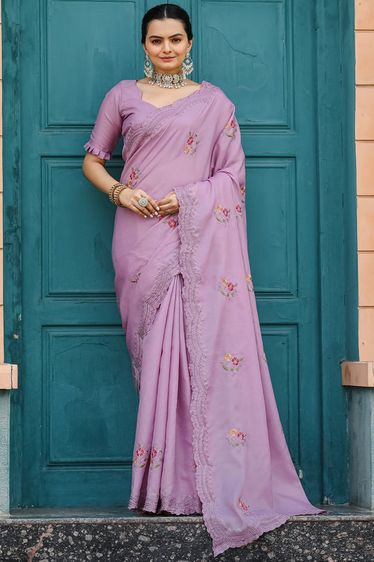 Amazing Embroidered Work On Purple Color Cotton Fabric Saree