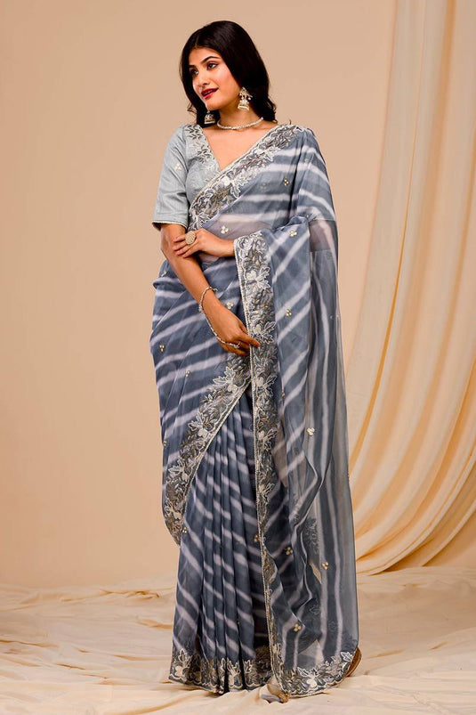 Grey Color Border Work On Georgette Fabric Stunning Saree