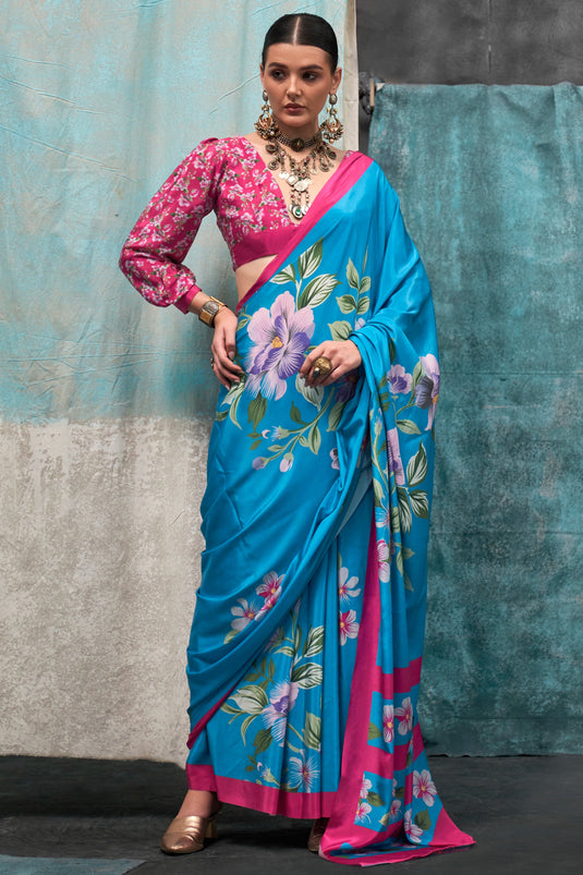 Cyan Color Casual Wear Graceful Printed Crepe Fabric Saree