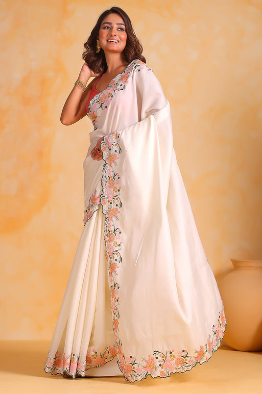 Border Work On Captivating Art Silk Fabric Saree In White Color