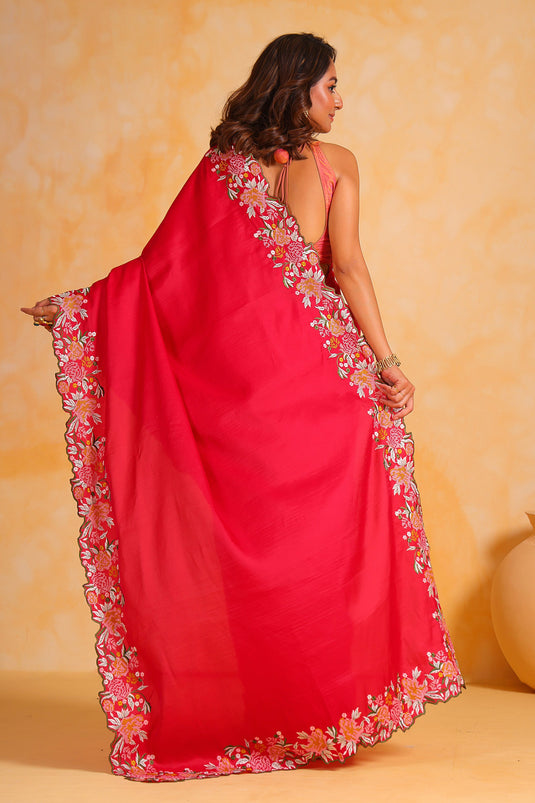 Border Work On Awesome Art Silk Fabric Saree In Red Color