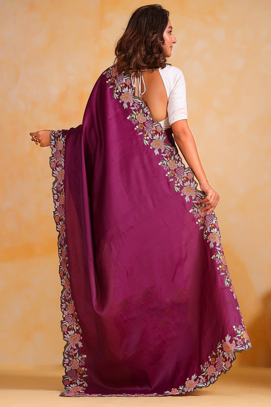 Wine Color Fantastic Art Silk Fabric Saree With Border Work