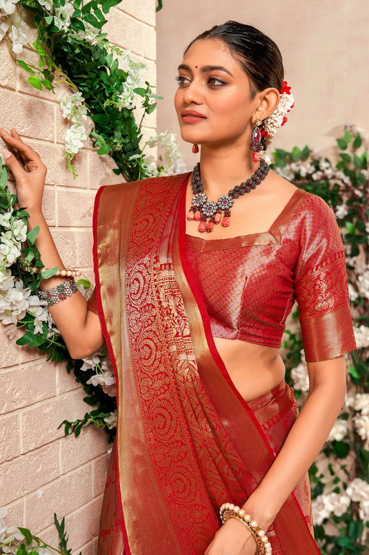 Red Color Art Silk Fabric Special Saree With Weaving Work