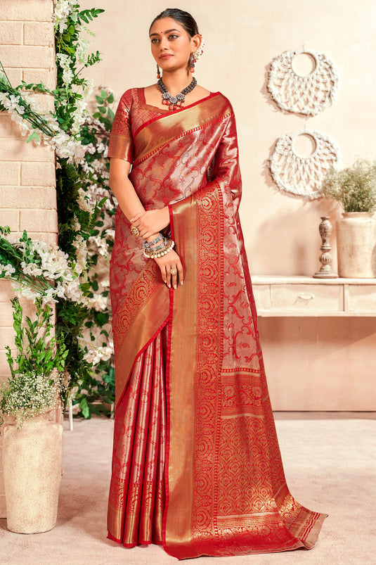 Red Color Art Silk Fabric Special Saree With Weaving Work