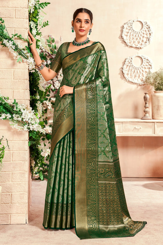 Art Silk Fabric Green Color Pleasance Saree With Weaving Work
