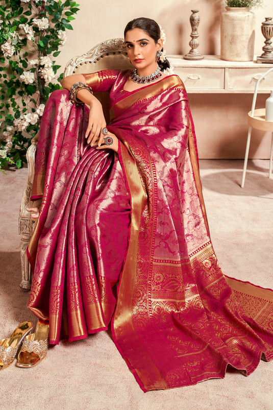 Art Silk Fabric Pink Color Excellent Saree With Weaving Work