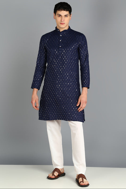 Vibrant Navy Blue Color Cotton Embroidered Kurta Pyjama For Function