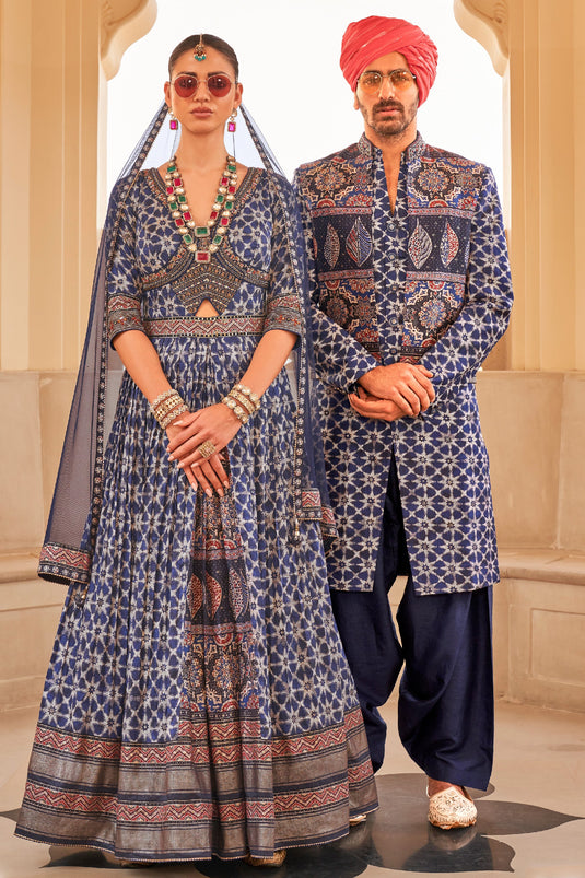 Mesmeric Navy Blue Color Readymade Indo Western For Men In Art Silk Fabric