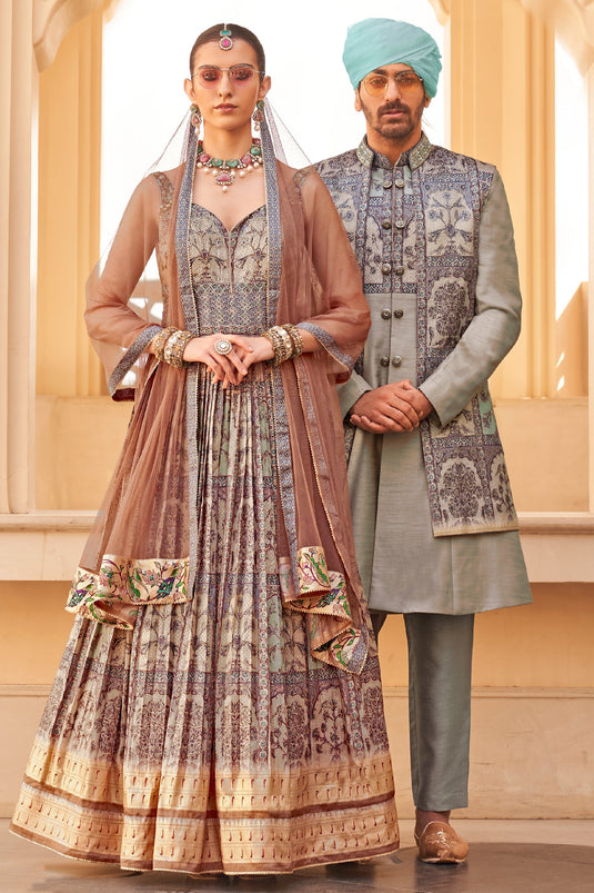 Tempting Beige Color Embroidered Readymade Long Gown With Dupatta