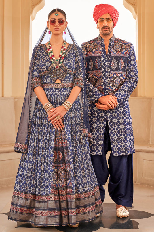 Classic Navy Blue Color Embroidered Readymade Long Gown With Dupatta