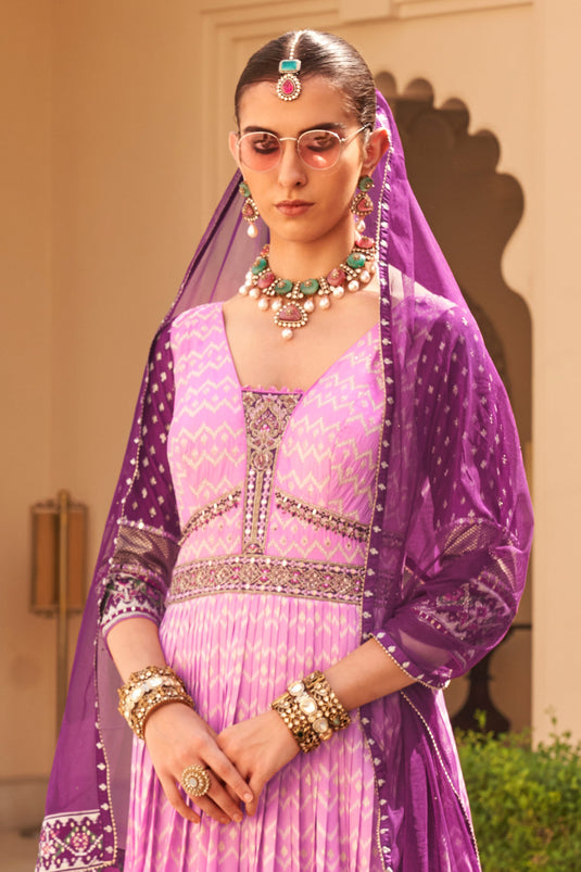 Trendy Art Silk Fabric Embroidered Readymade Long Gown With Dupatta In Purple Color