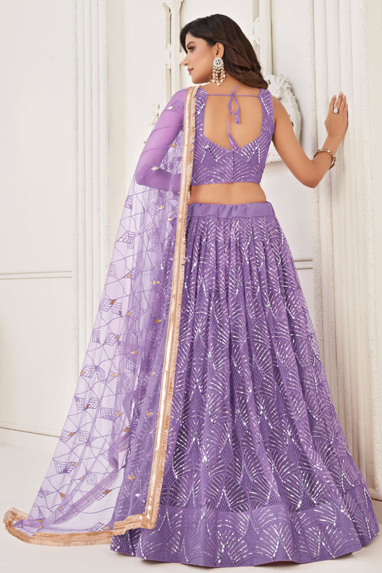 Net Fabric Sequins Work Function Wear Glamorous Lehenga In Lavender Color