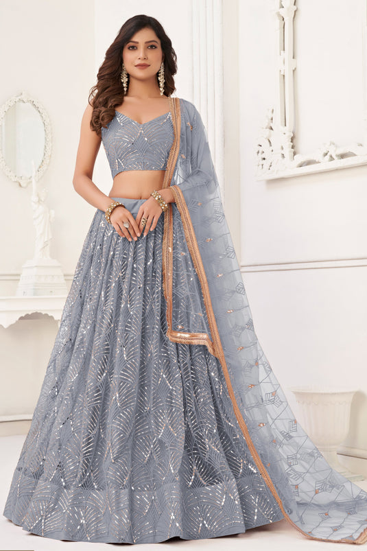 Grey Color Function Wear Sequins Work Luminous Lehenga In Net Fabric