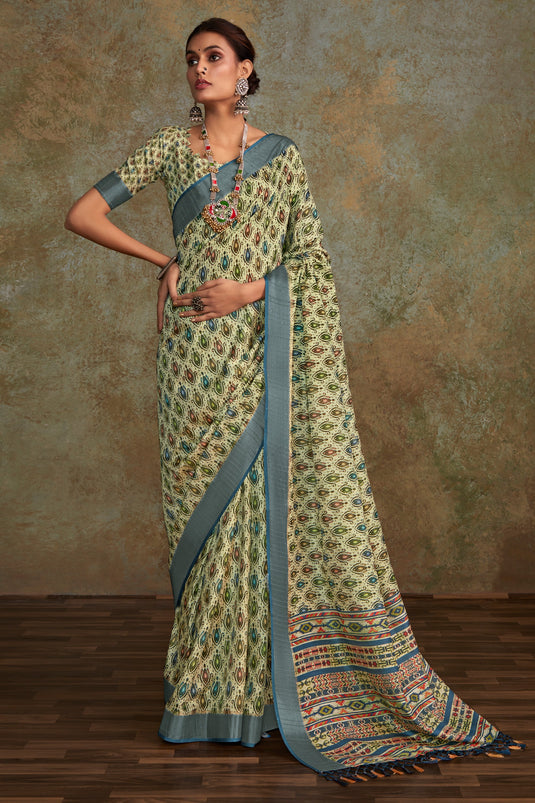 Printed Work On Handloom Silk Fabric Bewitching Saree In Multi Color