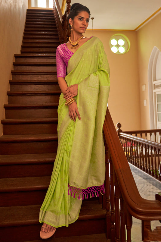 Weaving Work On Green Color Aristocratic Crepe Silk Fabric Saree