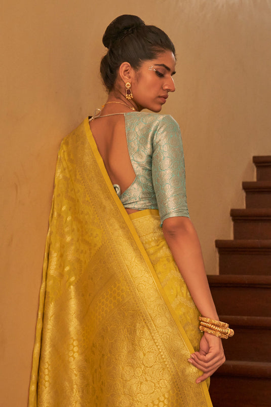 Weaving Work On Flamboyant Crepe Silk Fabric  Saree In Yellow Color