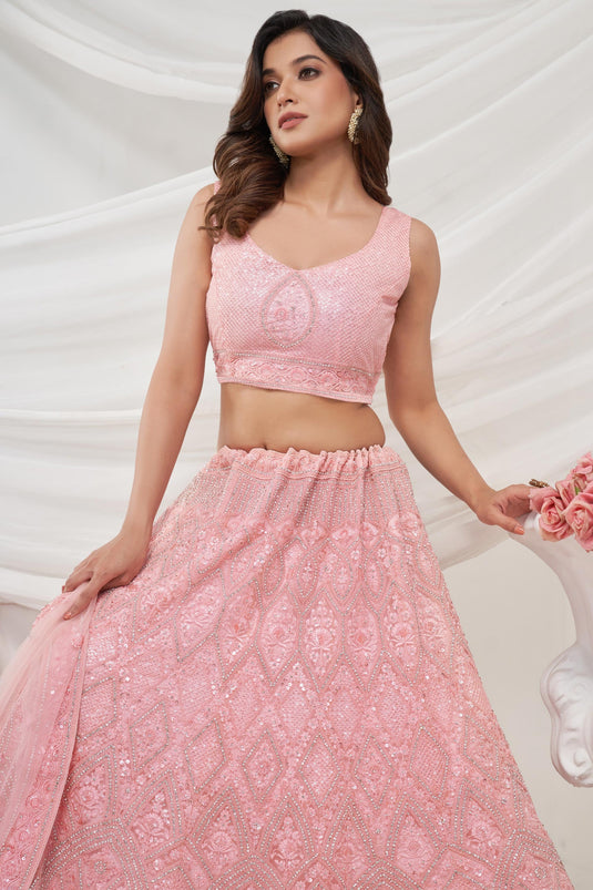 Stylish Pink Net Fabric Lehenga Choli In Sangeet Function