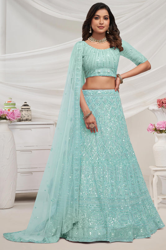Elegant Blue Net Fabric Sangeet Wear Embroidered Lehenga Choli