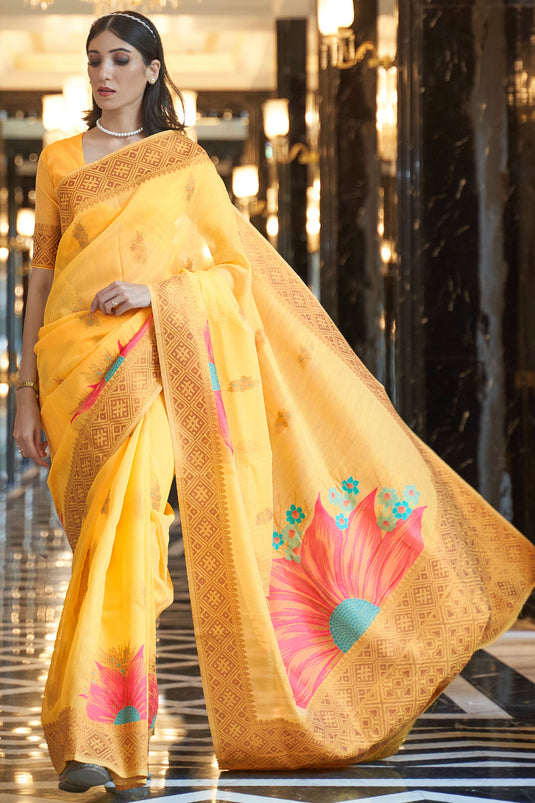 Kanika Dev Blazing Yellow Color Weaving Work Art Silk Saree