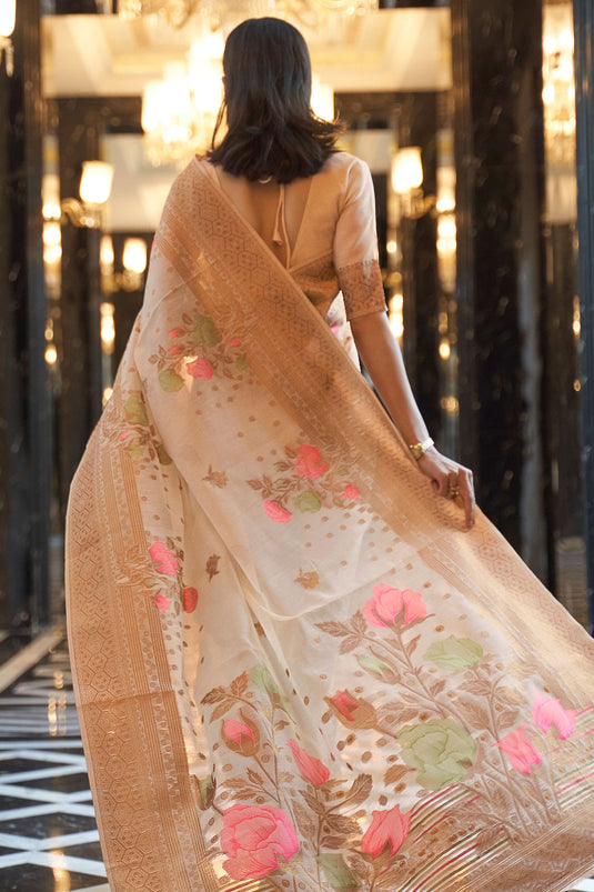 Kanika Dev Beige Color Weaving Work Glamorous Art Silk Saree