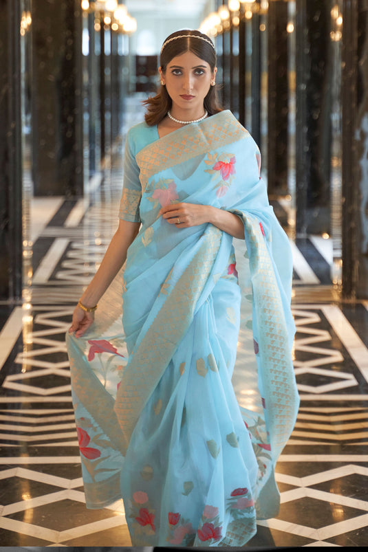 Kanika Dev Sky Blue Color Exquisite Weaving Work Art Silk Saree